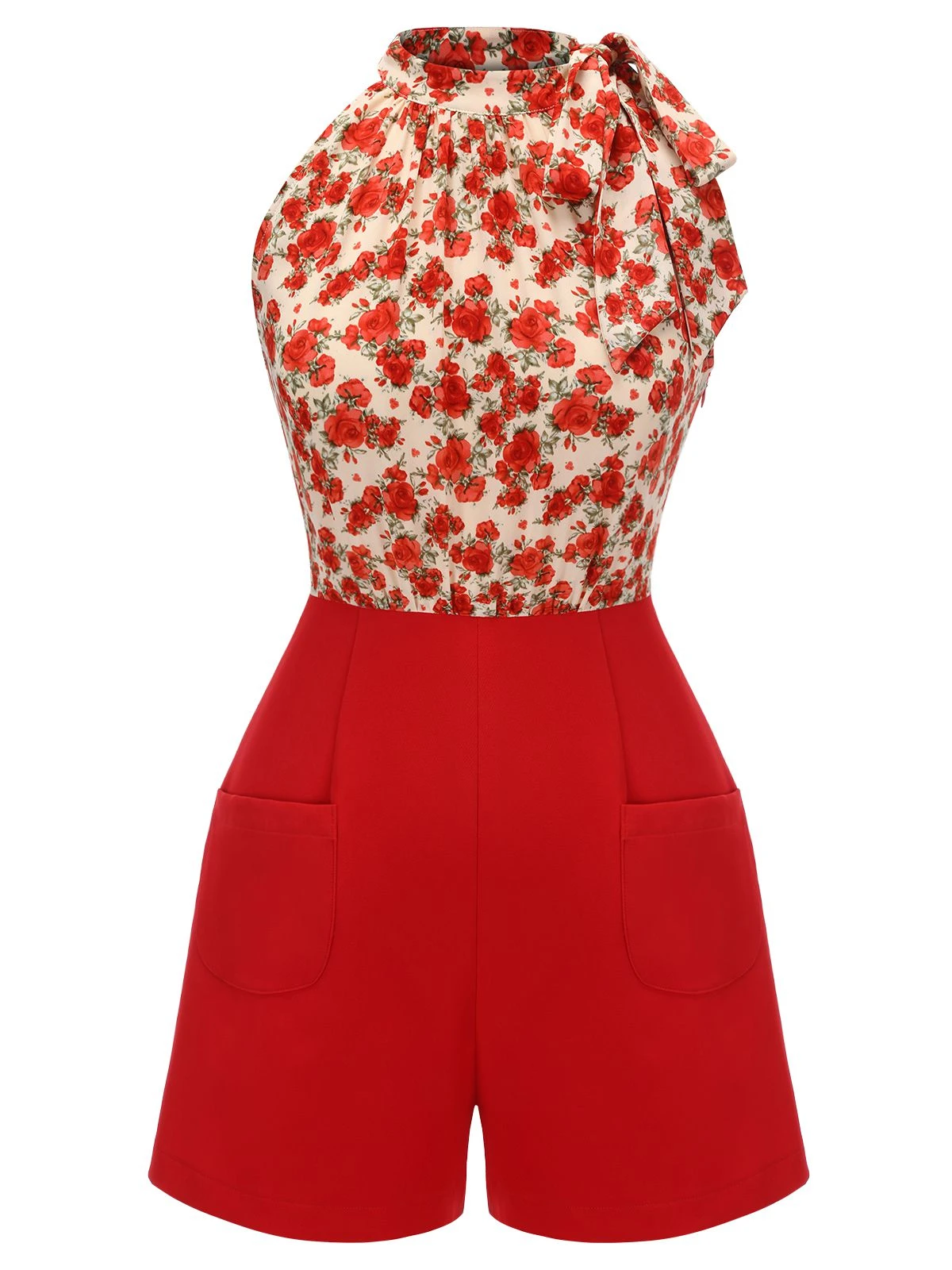 Deep Red 1950s Rose Lace Up Patchwork Romper - Image 2