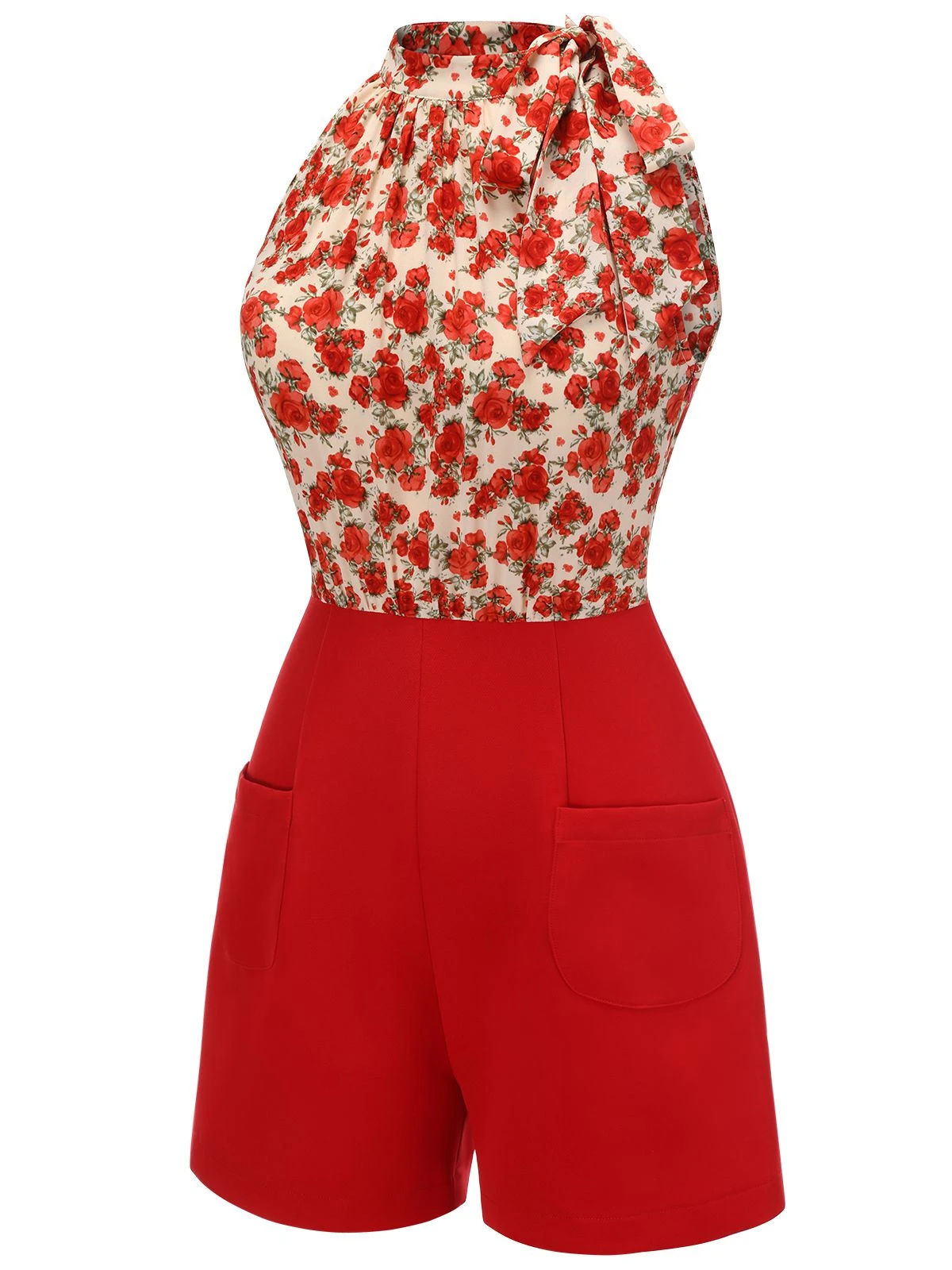Deep Red 1950s Rose Lace Up Patchwork Romper - Image 3