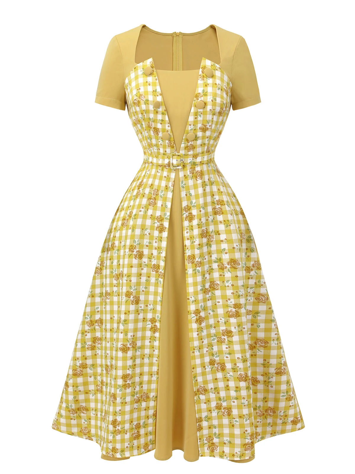 Yellow 1950s Plaid Rose Panel Raglan Dress - Image 2