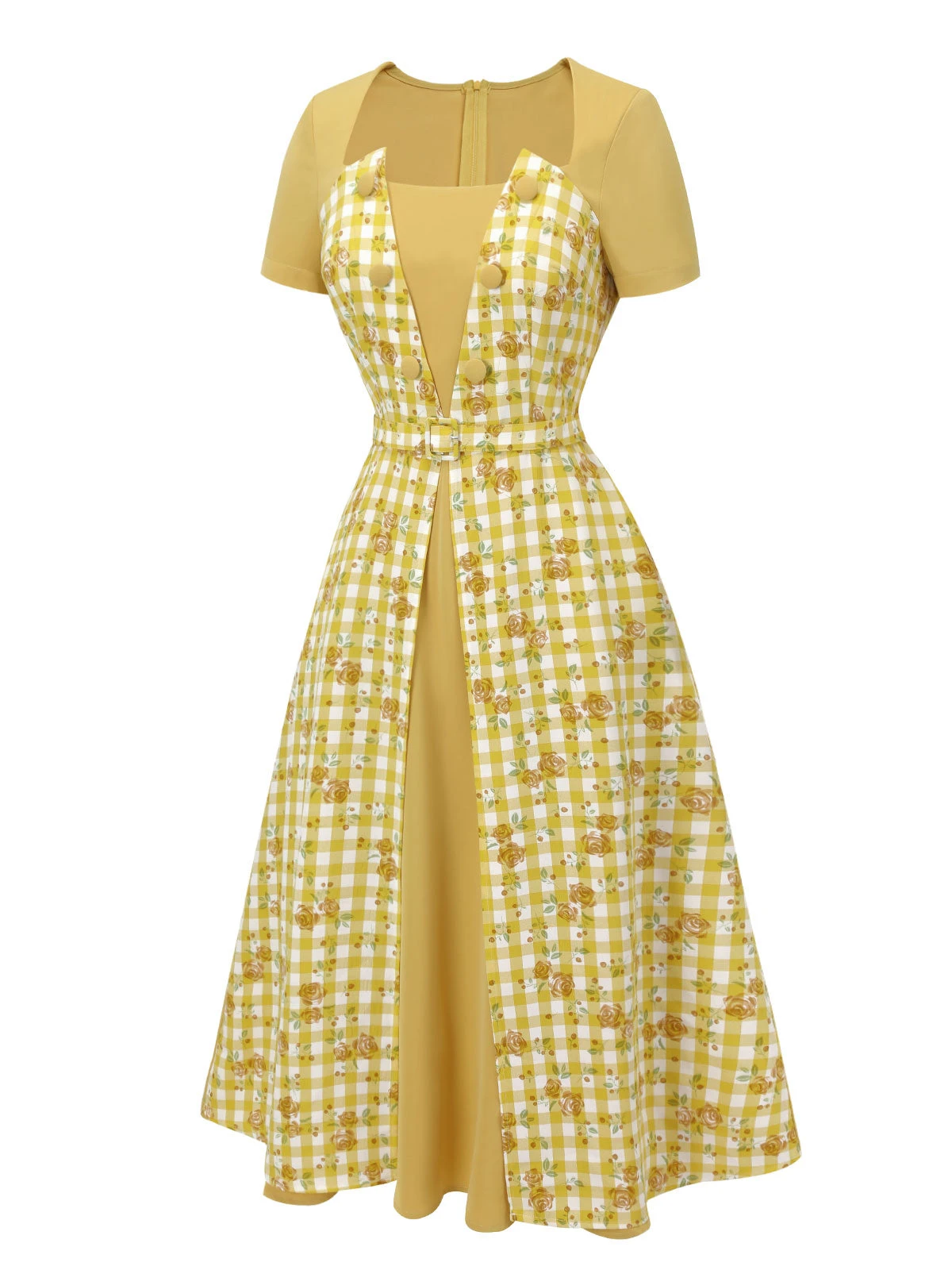 Yellow 1950s Plaid Rose Panel Raglan Dress - Image 3
