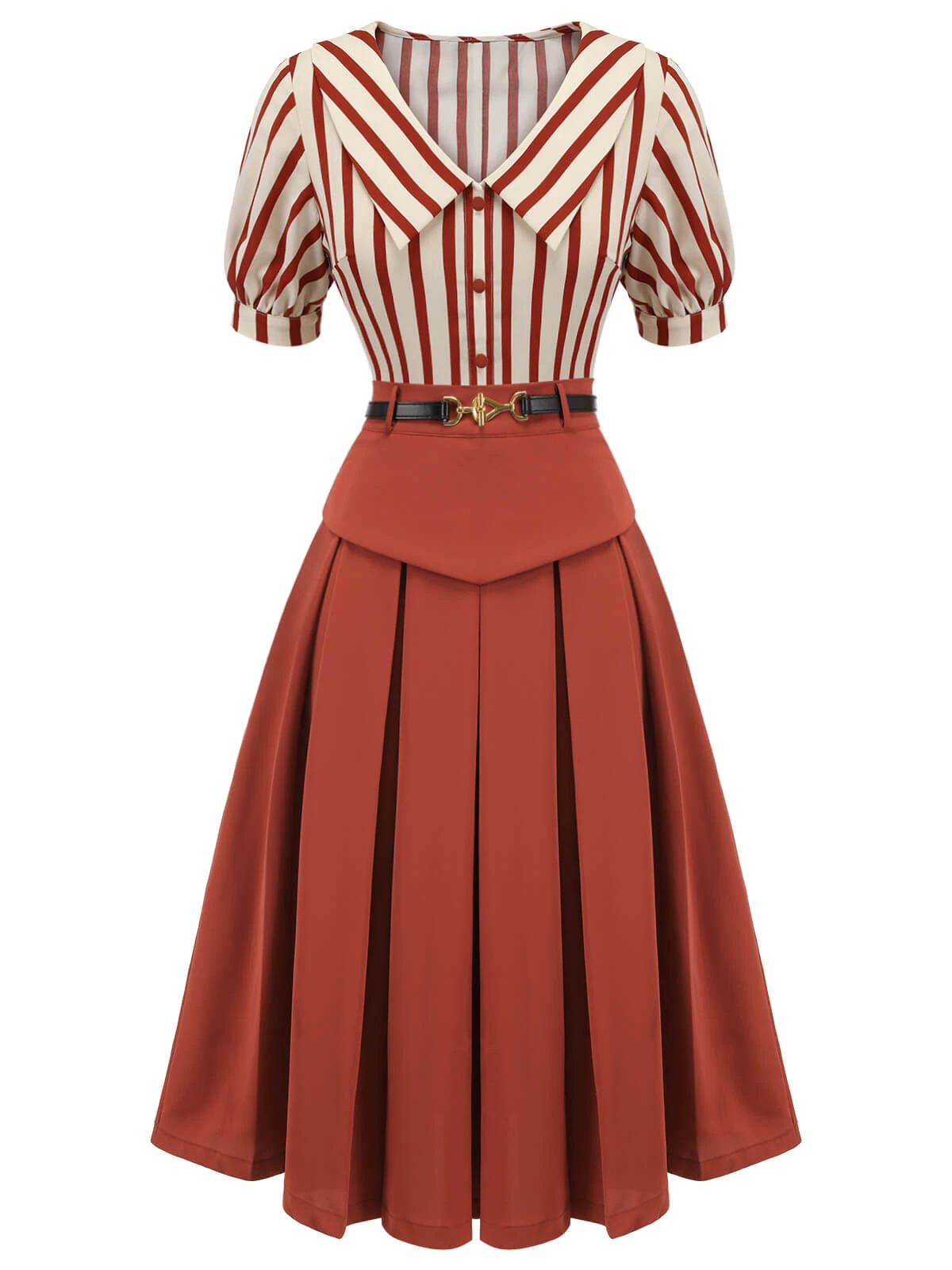 2PCS Orange Red 1950s Striped Blouse & Pleated Skirt - Image 2