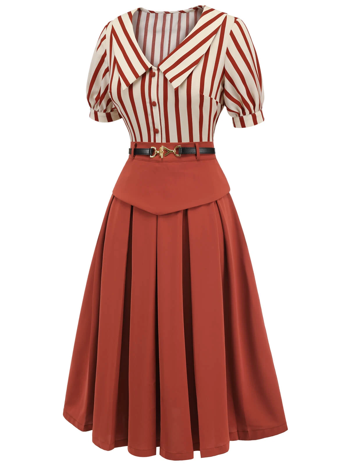2PCS Orange Red 1950s Striped Blouse & Pleated Skirt - Image 3