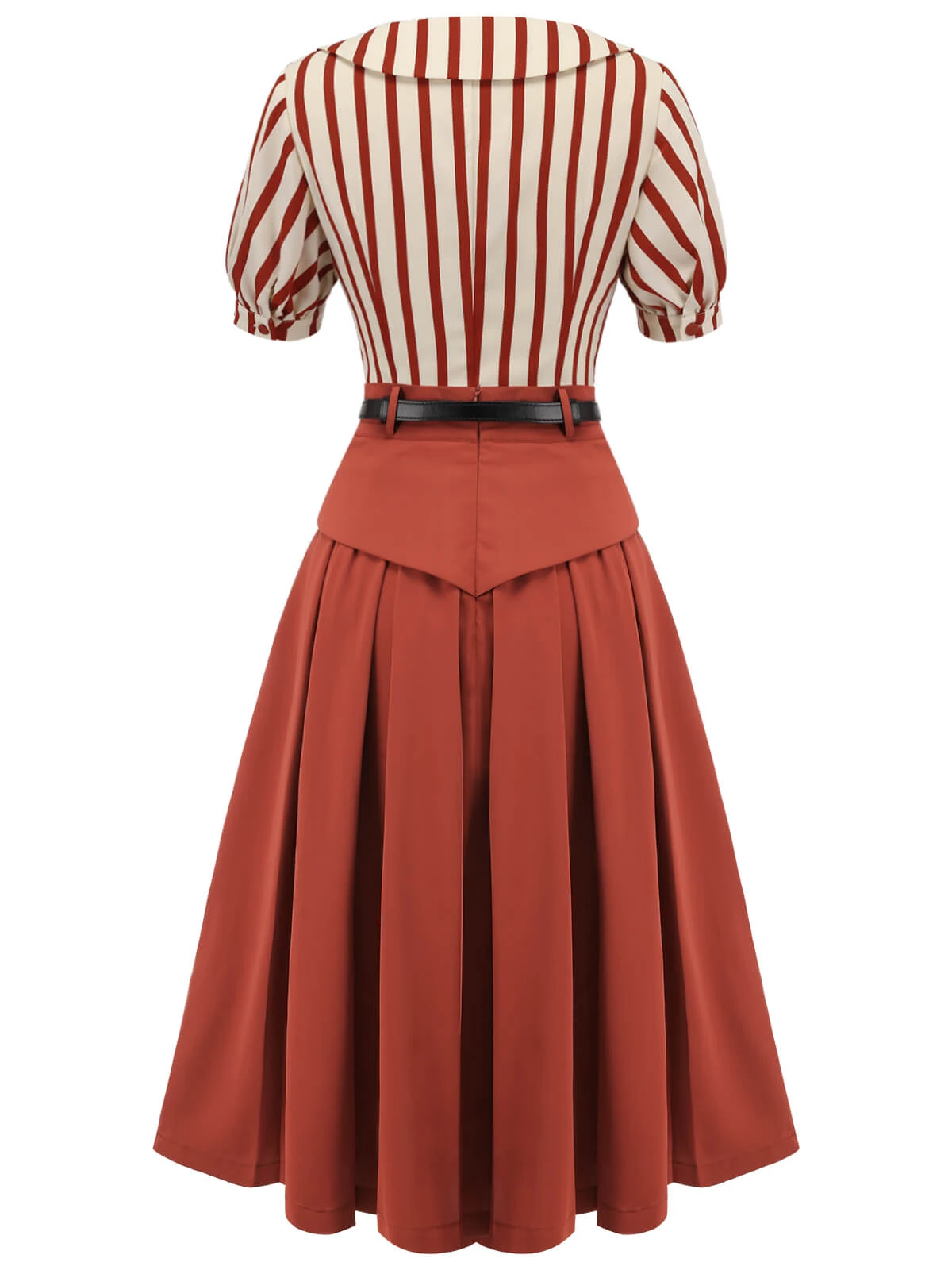 2PCS Orange Red 1950s Striped Blouse & Pleated Skirt - Image 4
