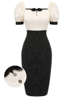 Black & Beige 1960s Puff Sleeve Pencil Dress