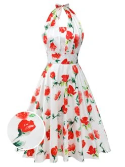 White 1950s Watercolor Rose Halter Dress