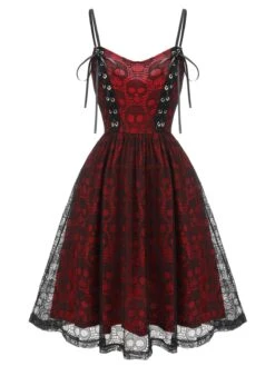 Wine Red 1980s Skull Pattern Gothic Style Dress