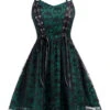 Green 1980s Skull Pattern Gothic Style Dress