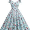 1950s Floral Lace-Up Shoulder V-Neck Swing Dress
