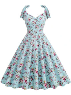 1950s Floral Lace-Up Shoulder V-Neck Swing Dress
