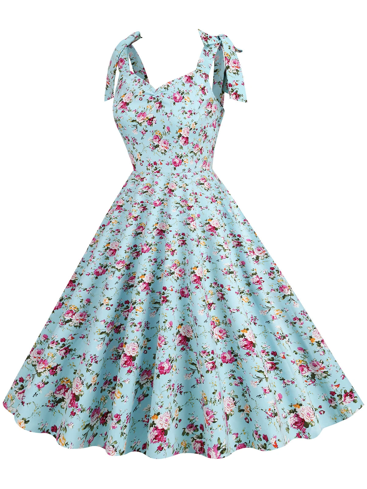 1950s Floral Lace-Up Shoulder V-Neck Swing Dress - Image 2