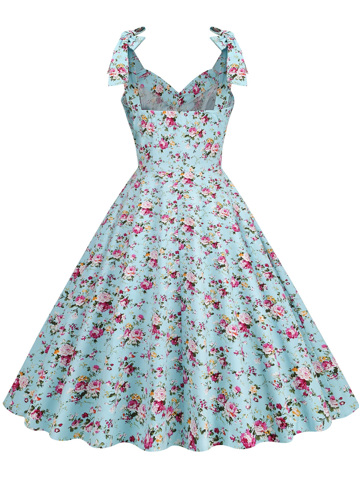 1950s Floral Lace-Up Shoulder V-Neck Swing Dress - Image 3