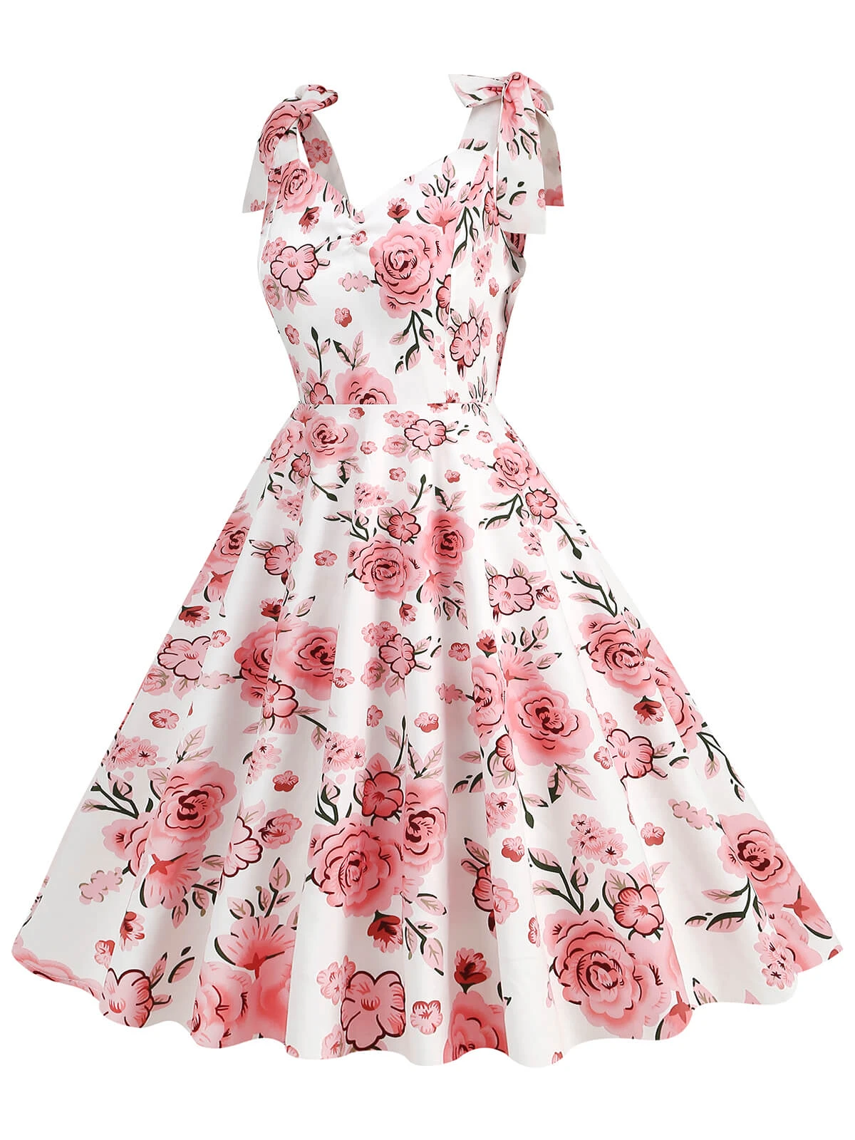 1950s Floral Lace-Up Shoulder V-Neck Swing Dress - Image 8