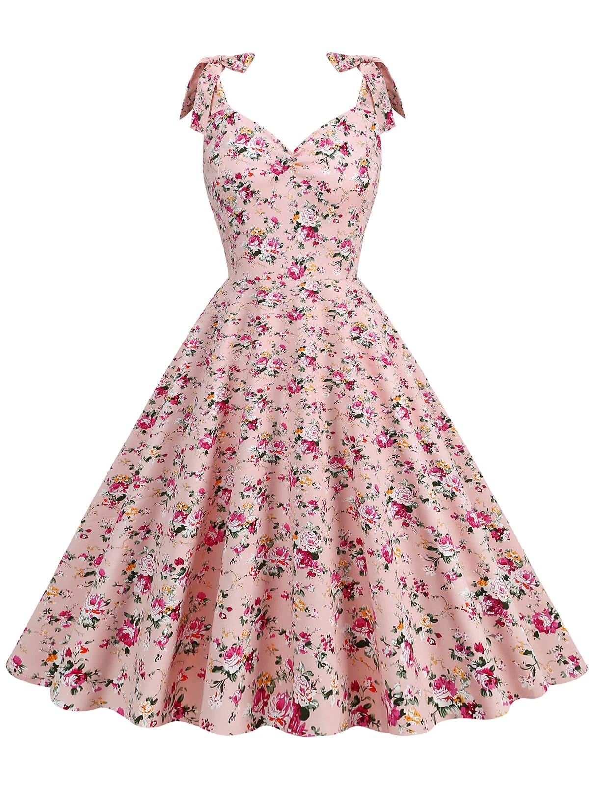 1950s Floral Lace-Up Shoulder V-Neck Swing Dress - Image 11