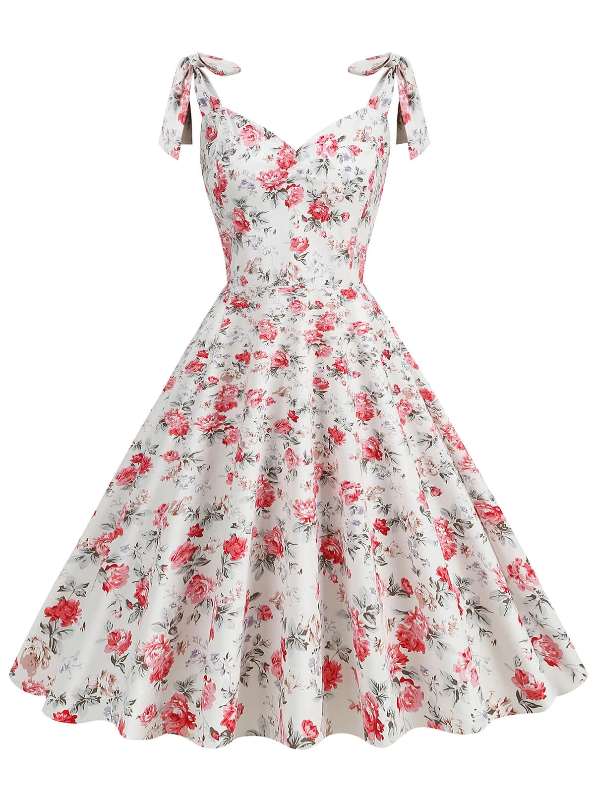 1950s Floral Lace-Up Shoulder V-Neck Swing Dress - Image 16