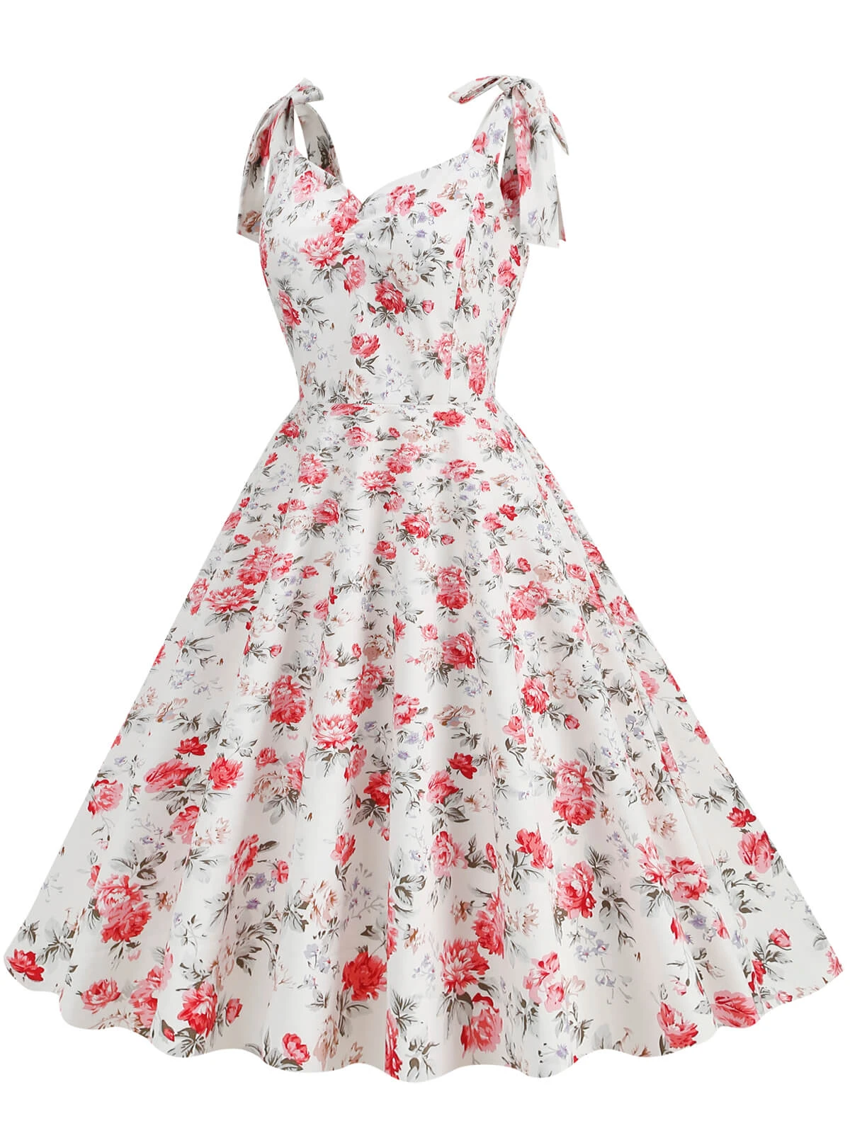 1950s Floral Lace-Up Shoulder V-Neck Swing Dress - Image 17