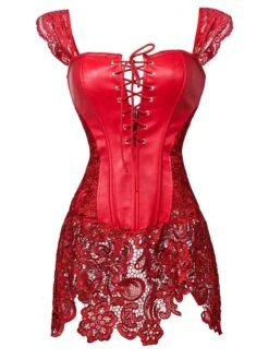 Red Steampunk Leather Gothic Lace Corset