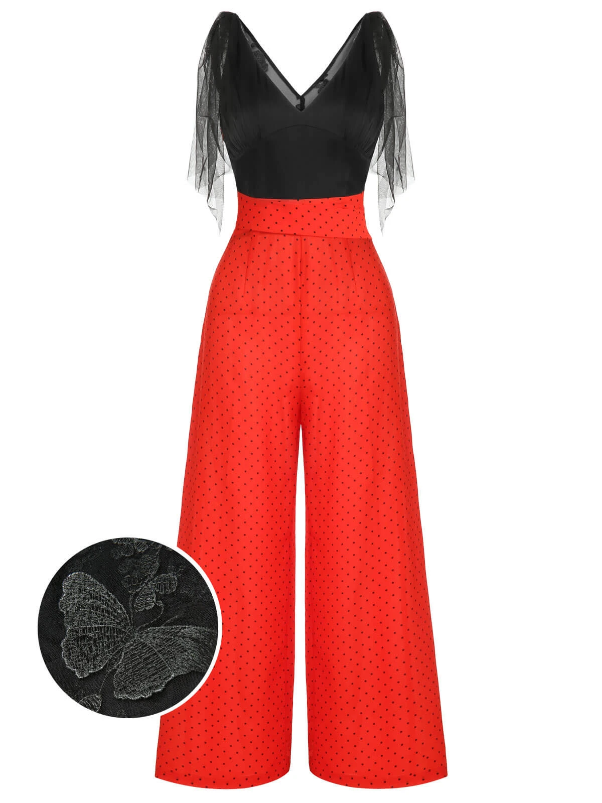 Black & Red 1930s Polka Dot Patchwork Jumpsuit - Image 2