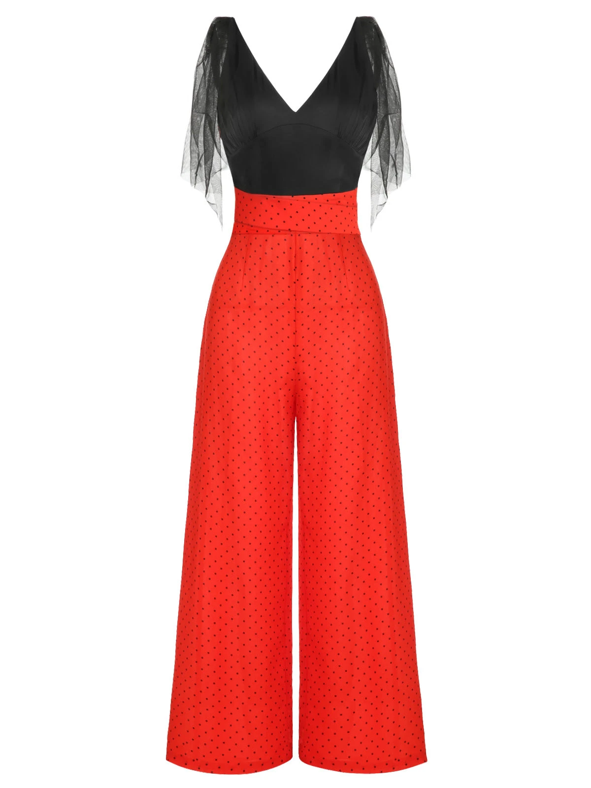 Black & Red 1930s Polka Dot Patchwork Jumpsuit - Image 3