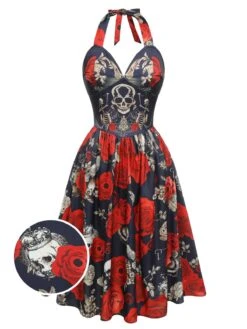 Black 1950s Sweetheart Skeleton Rose Swing Dress