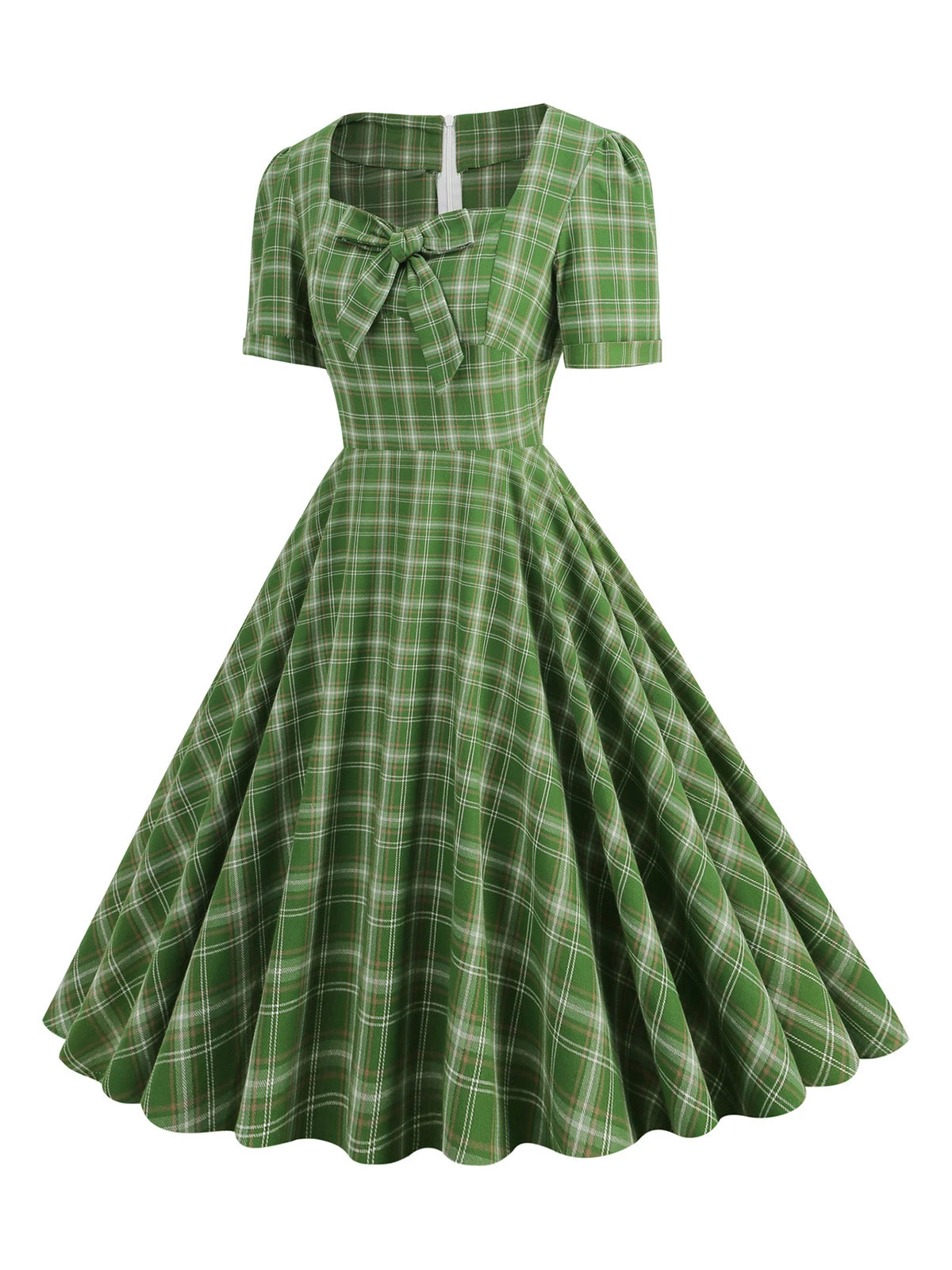 1950s Gingham Plaid Square Neck Flared Dress - Image 2