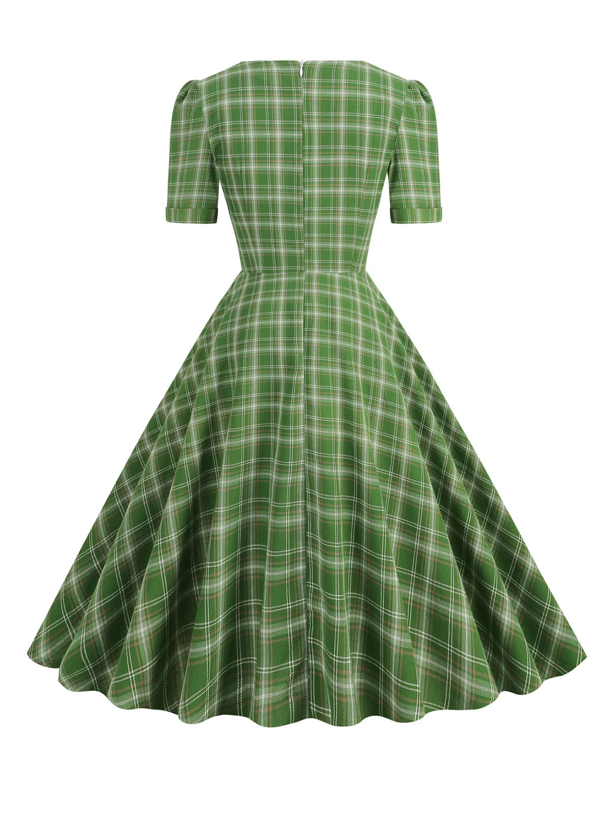1950s Gingham Plaid Square Neck Flared Dress - Image 3