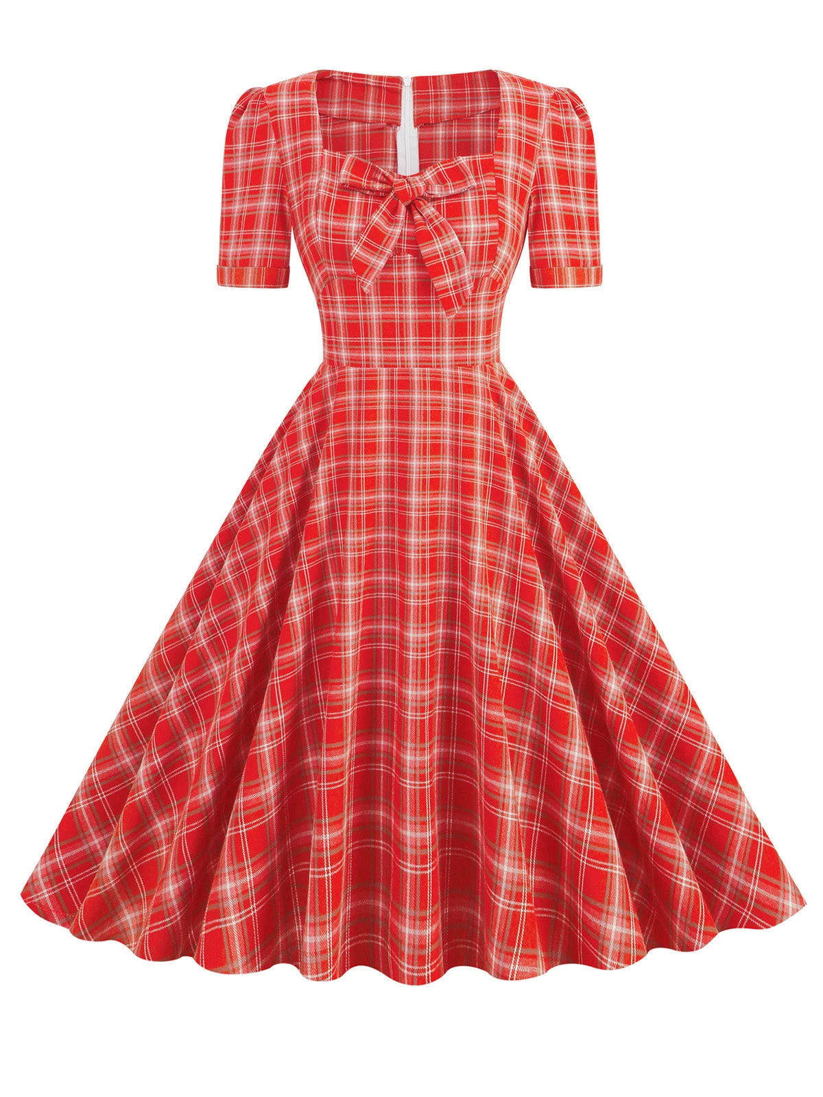 1950s Gingham Plaid Square Neck Flared Dress - Image 5