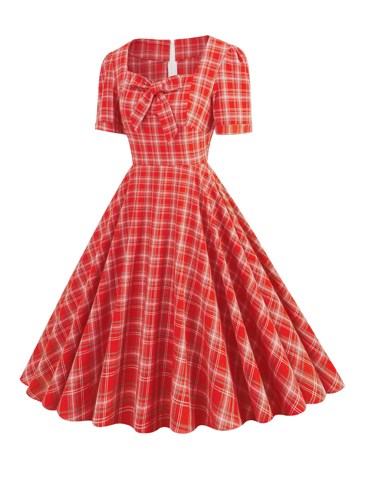 1950s Gingham Plaid Square Neck Flared Dress - Image 6