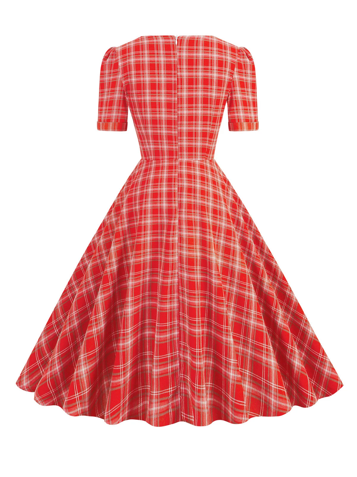 1950s Gingham Plaid Square Neck Flared Dress - Image 7