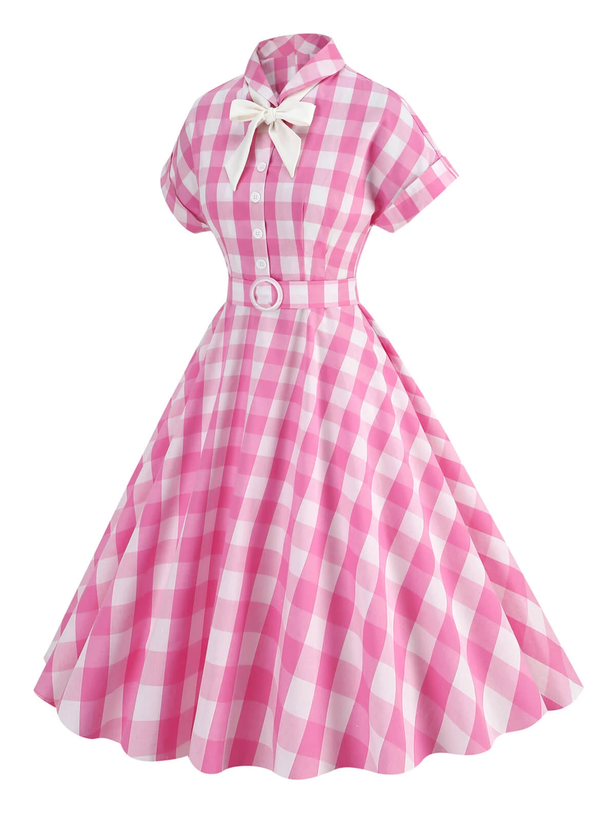 1950s Plaid Bow Lapel Swing Dress - Image 3