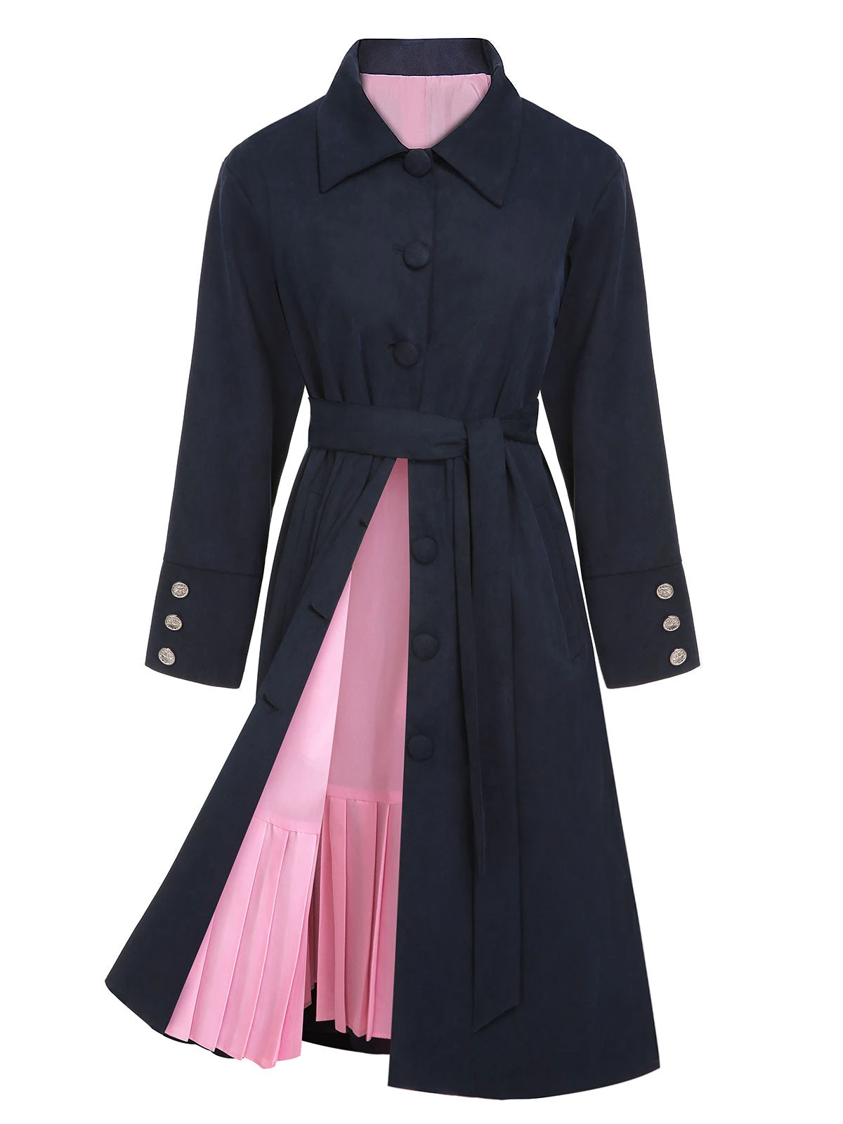 Dark Blue 1950s Solid Belted Coat - Image 3