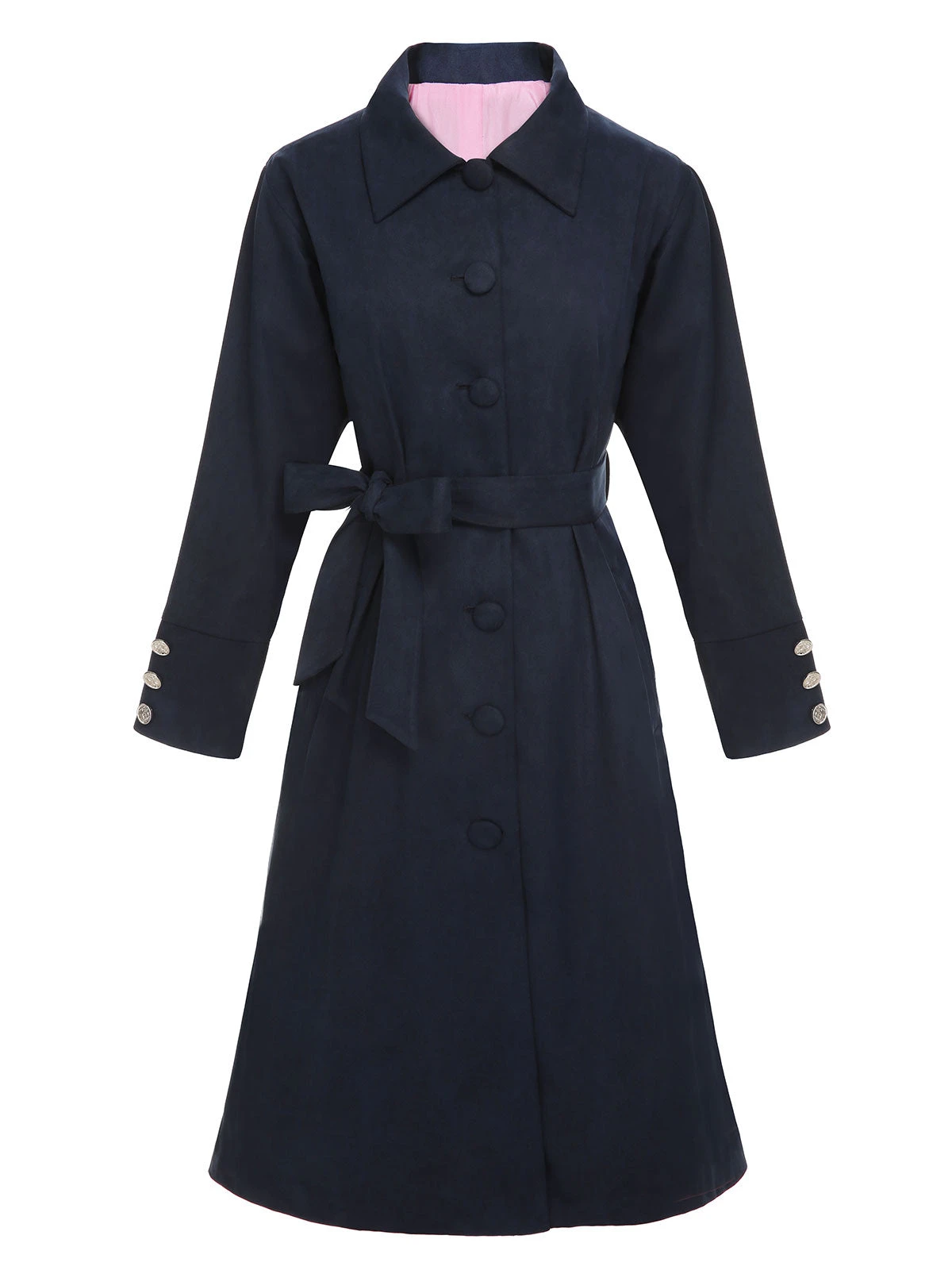 Dark Blue 1950s Solid Belted Coat - Image 2