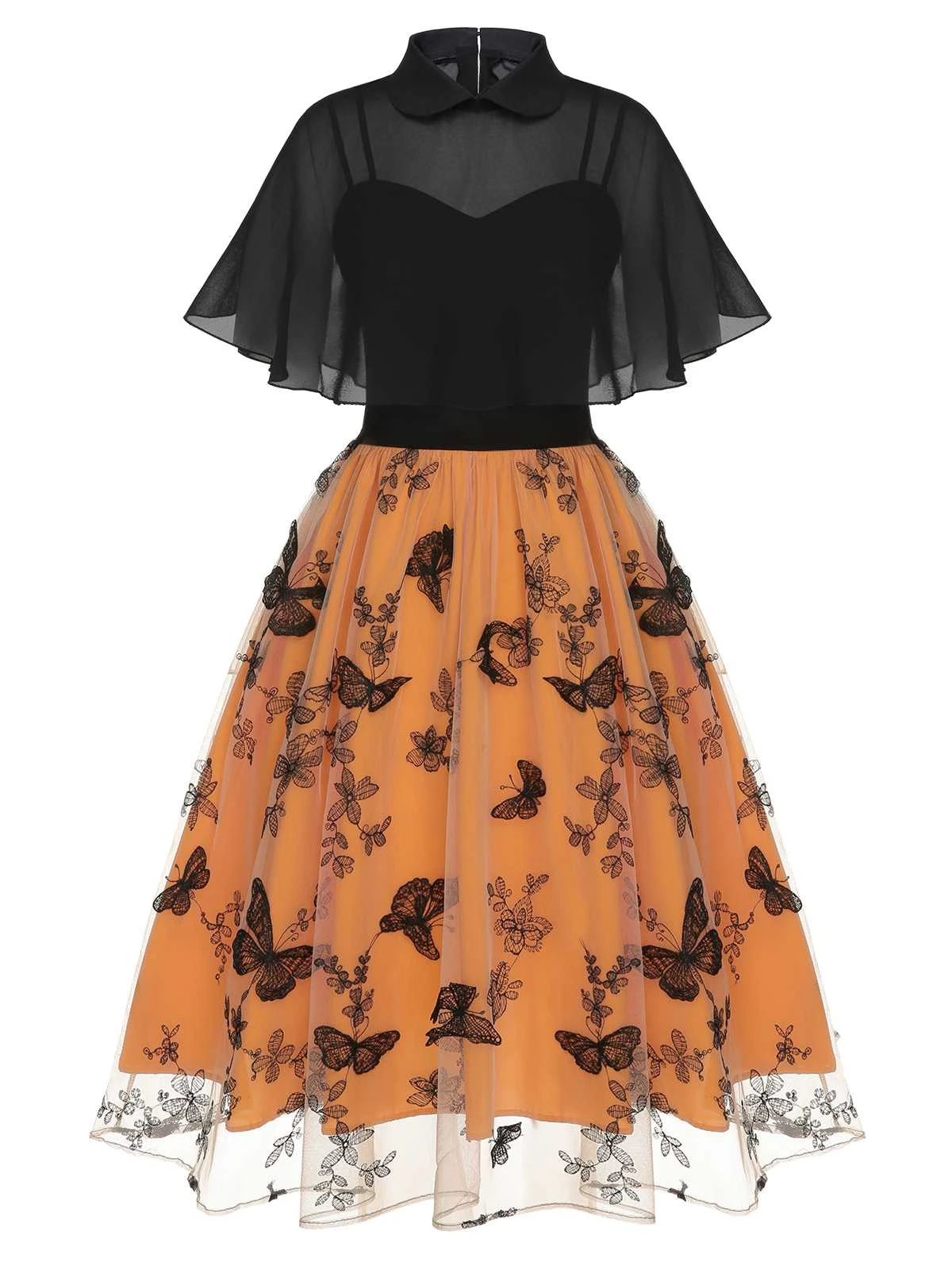 Black & Orange 1950s 3D Butterflys Cloak Dress - Image 2
