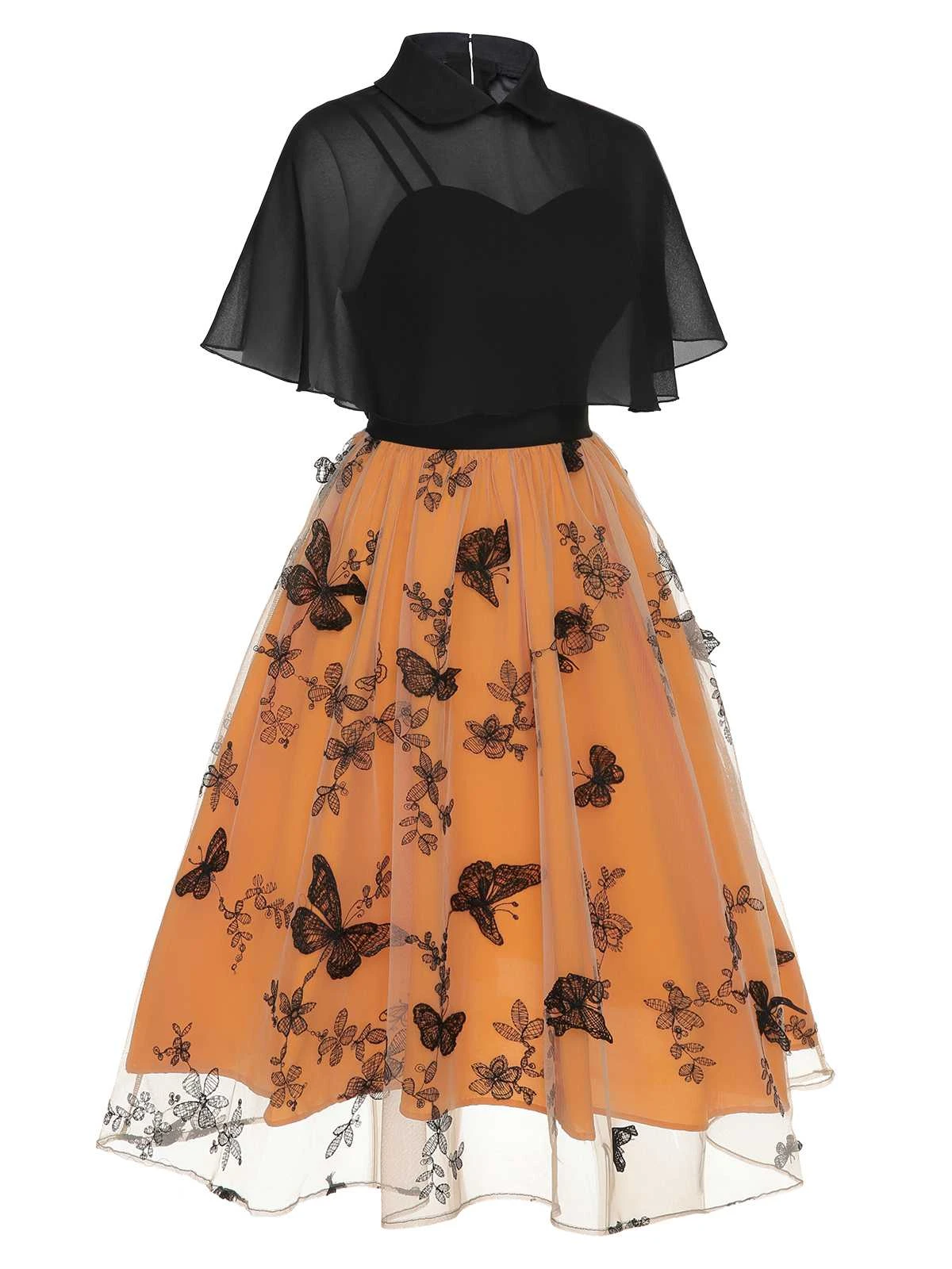 Black & Orange 1950s 3D Butterflys Cloak Dress - Image 3