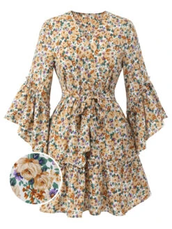 1960s Floral Flared Long Sleeve Dress With Belt