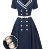 Dark Blue 1950s Sailor Style Double Breasted Dress