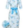 Sky Blue 1960s Floral Belted Pencil Dress