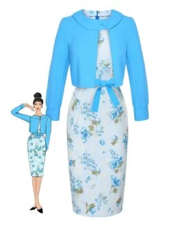 2PCS Sky Blue 1960s Lapel Coat & Floral Pencil Dress