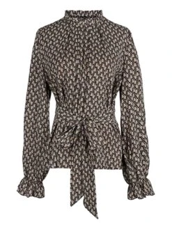 Khaki 1950s Geometric Prints Belted Blouse