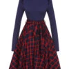 Blue 1950s Long Sleeve Plaid Dress