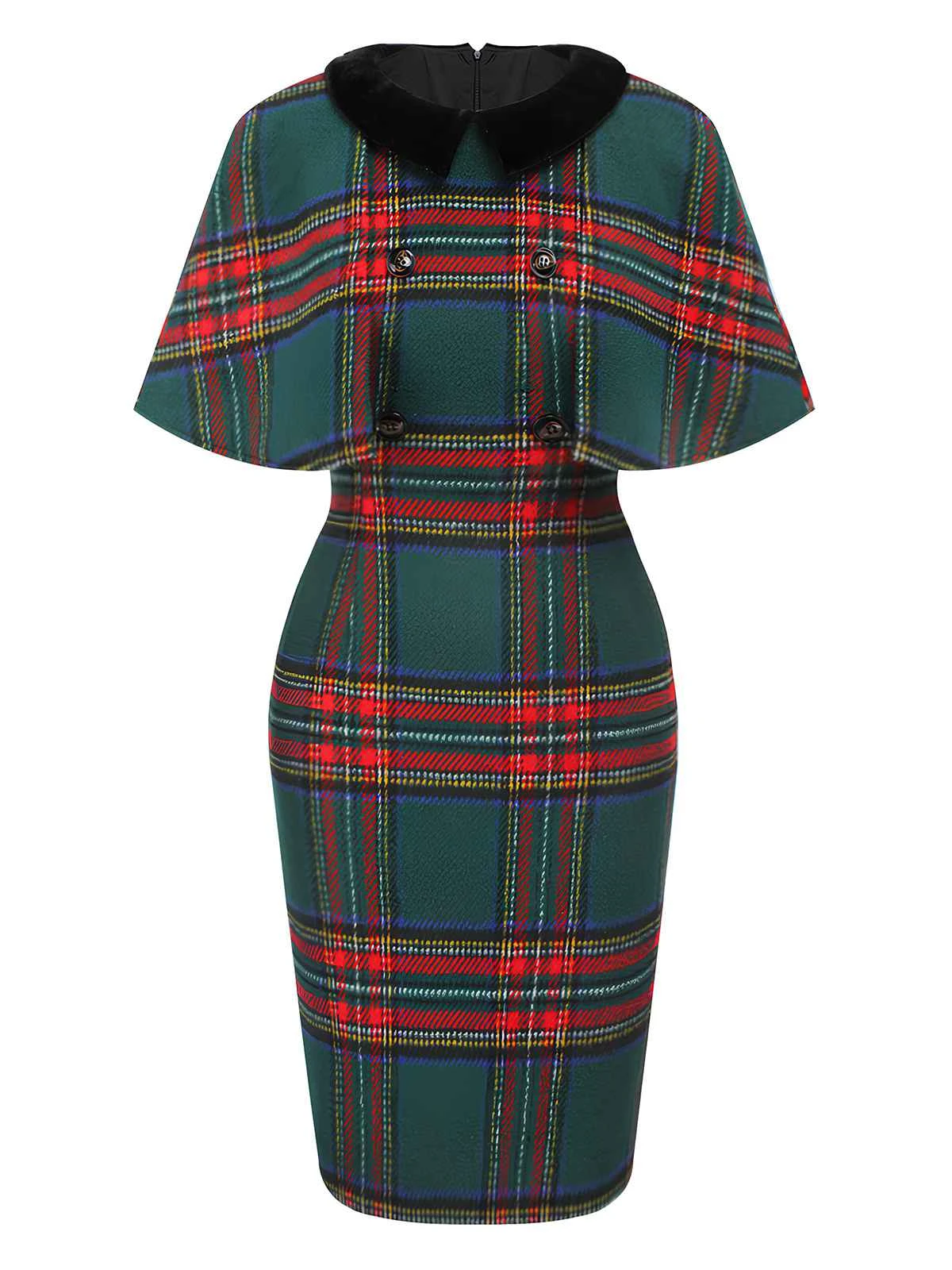 1960s Plaid Cloak Sleeve Velvet Collar Dress - Image 2