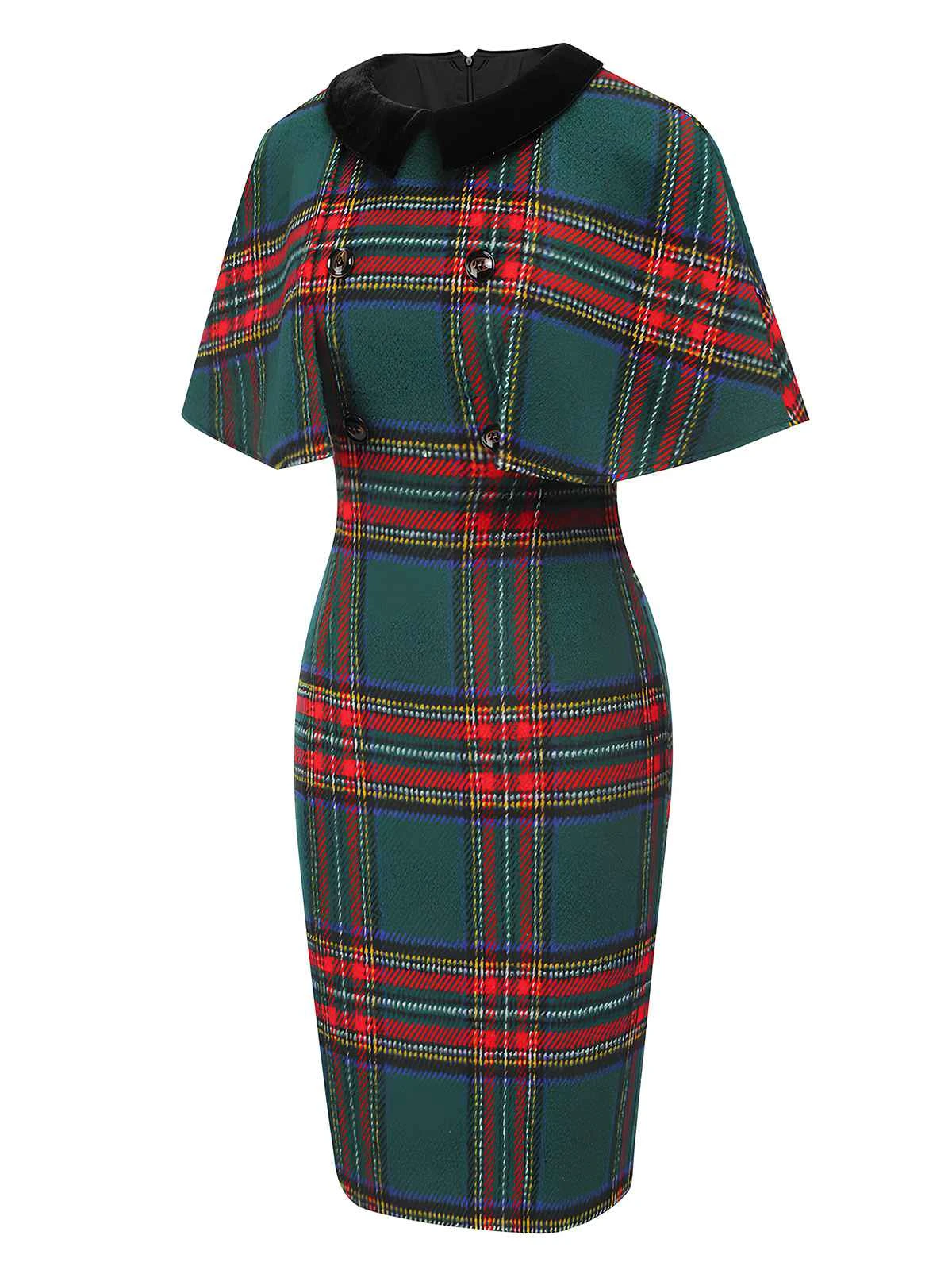 1960s Plaid Cloak Sleeve Velvet Collar Dress - Image 3