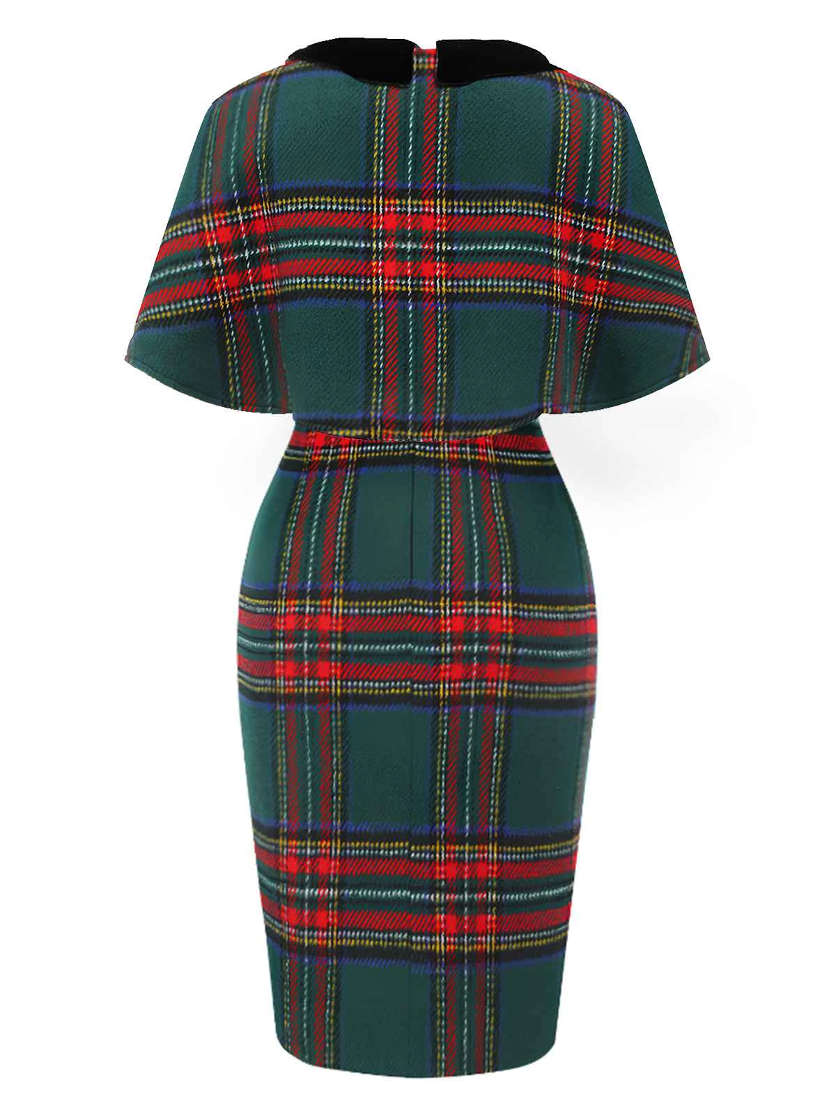 1960s Plaid Cloak Sleeve Velvet Collar Dress - Image 4
