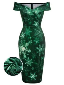 Green 1960s Christmas Snowflake Off-Shoulder Dress