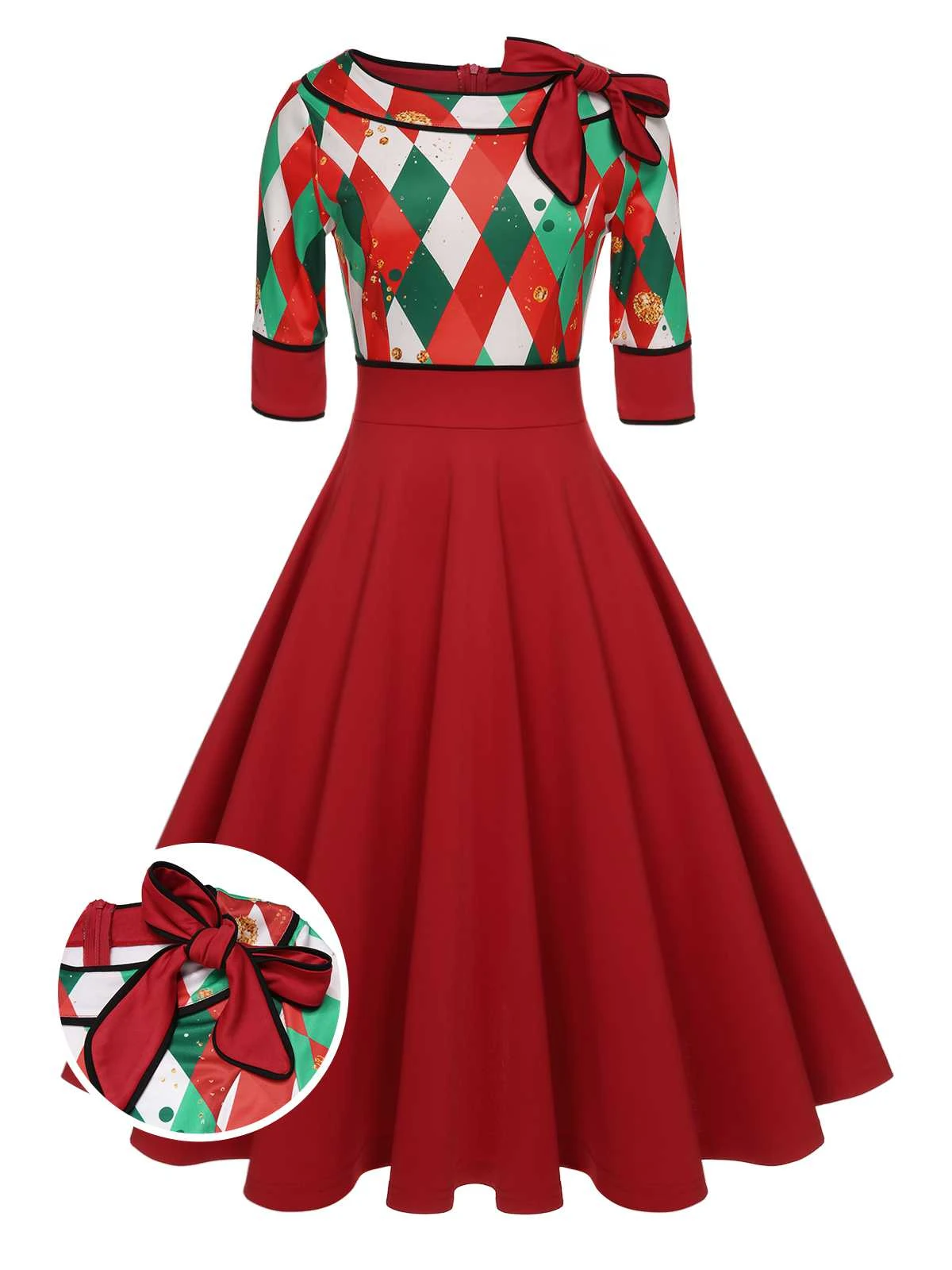 Green 1950s Christmas Plaid Patchwork Dress - Image 8