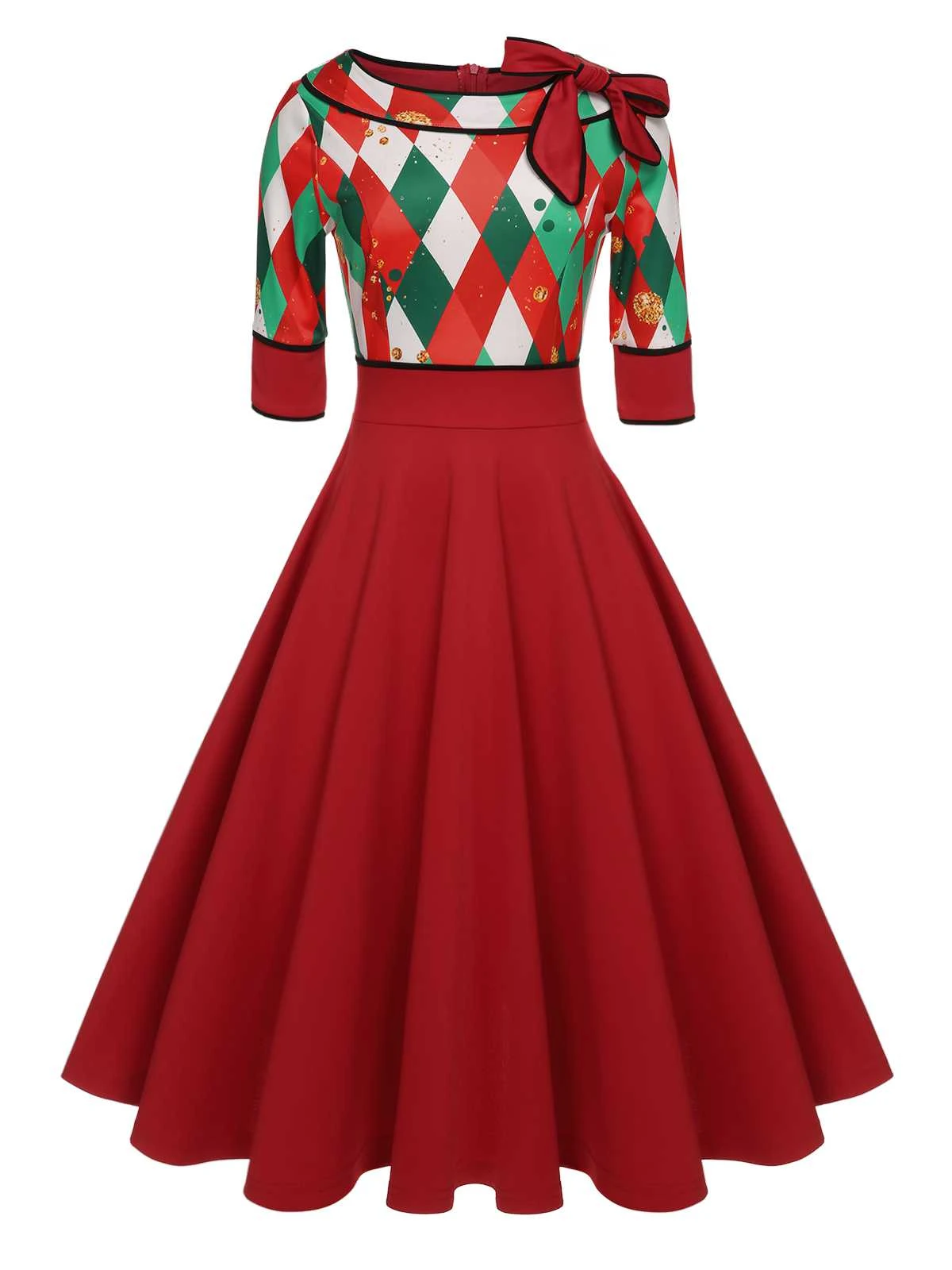 Green 1950s Christmas Plaid Patchwork Dress - Image 9