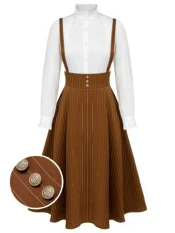 2PCS 1940s Ruffles Lantern Sleeve Blouse & Strap Skirt