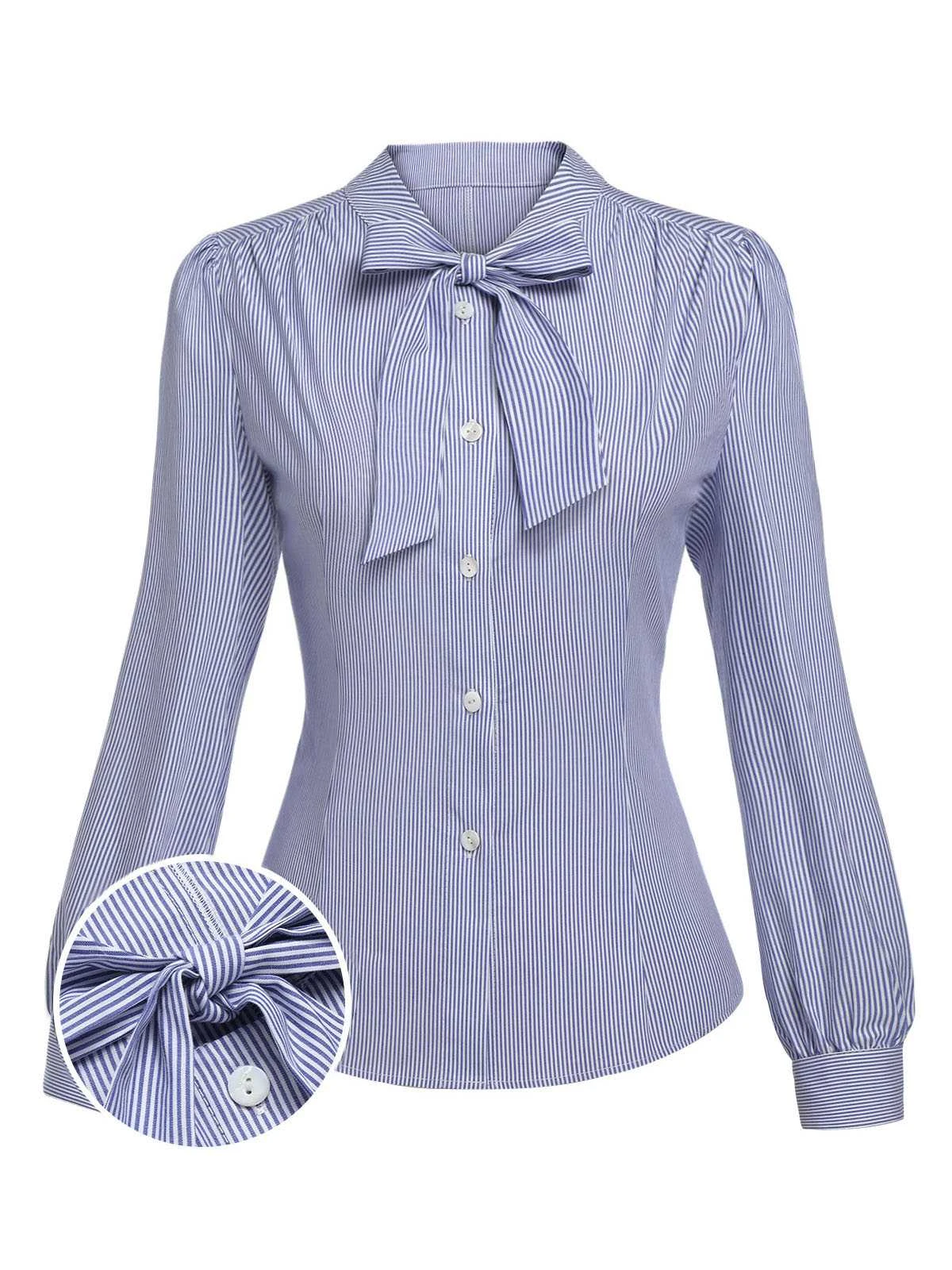 Blue 1950s Tie Neck Stripes Blouse