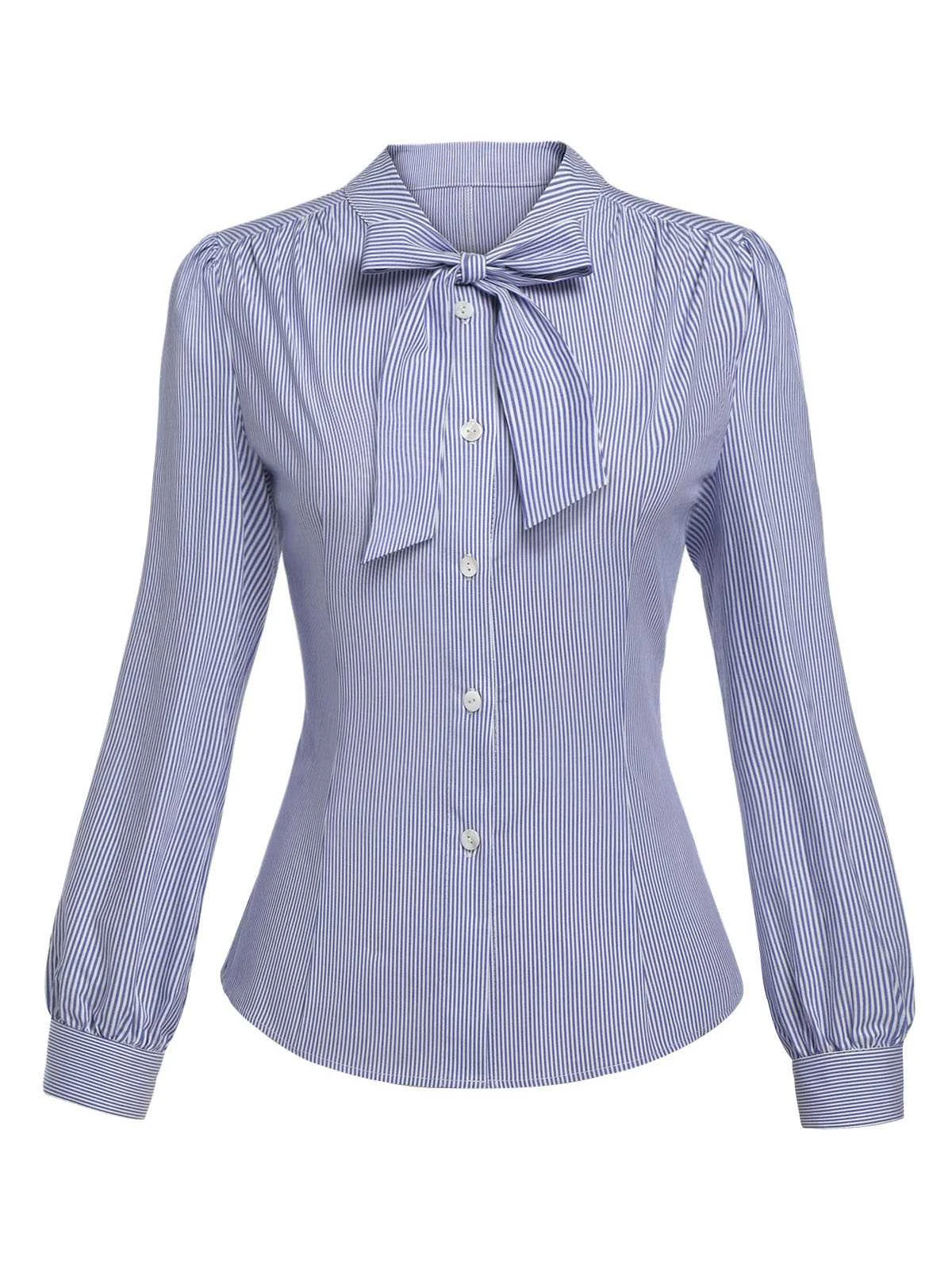 Blue 1950s Tie Neck Stripes Blouse - Image 2