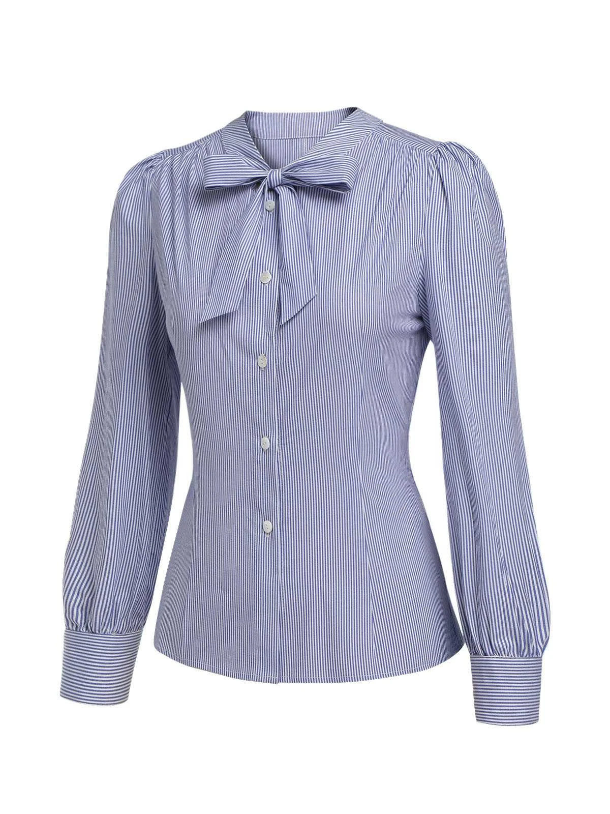 Blue 1950s Tie Neck Stripes Blouse - Image 3