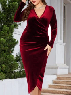 [Plus Size] 1960s Velvet V-Neck Wrap Dress